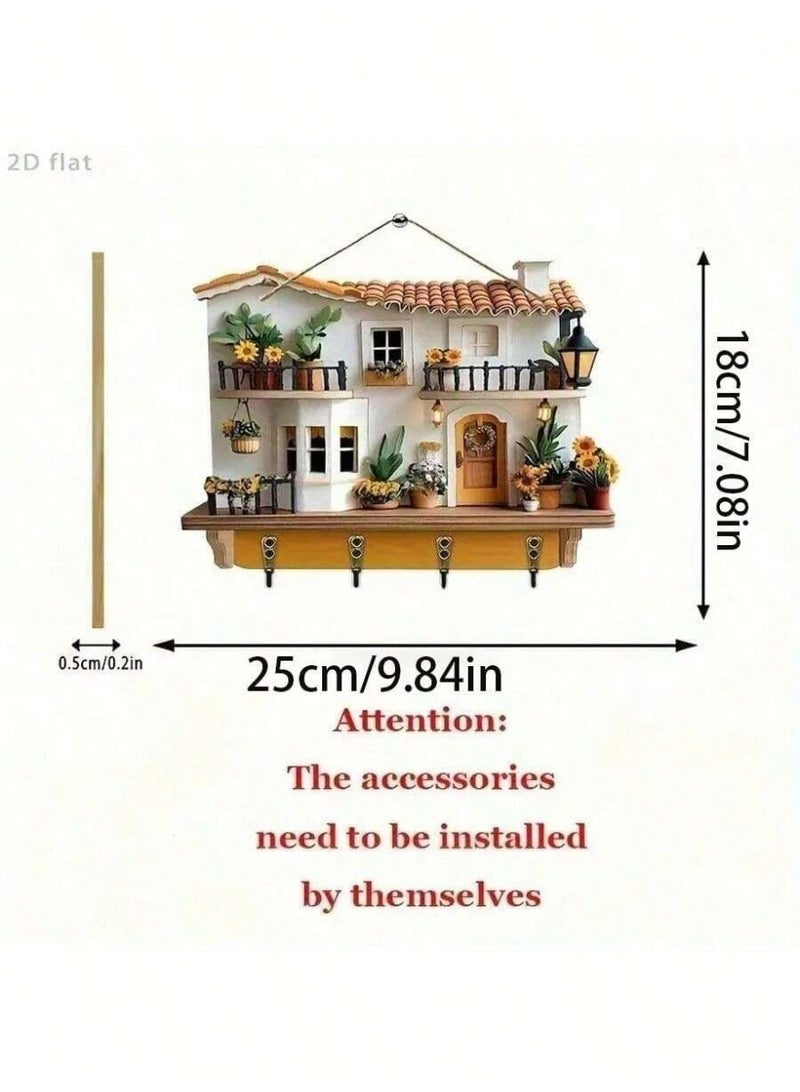 Decorative House Wall Key Holder with Hooks – Mini Cottage Design Wall Decor – Wooden-Style Key Rack with 4 Hooks – Entryway Organizer (2D Flat) - Image 4